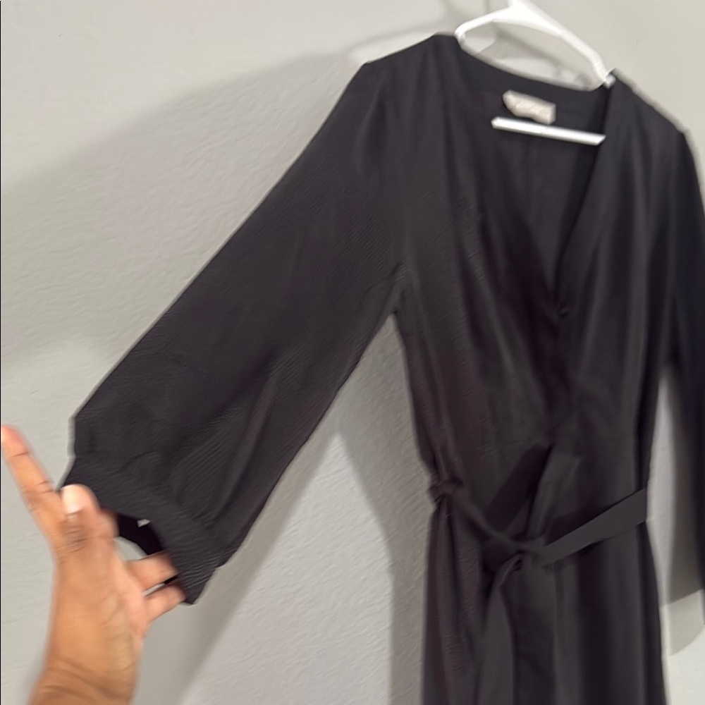 Everlane Black Wrap Dress belted button front midi Cuffed Sleeves cupro blouson - Picture 4 of 14